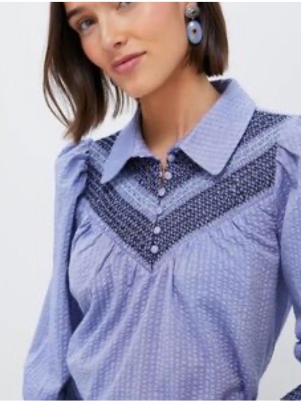 Pomander Place Vail Blouse Blue Seersucker Smocked Women’s XL